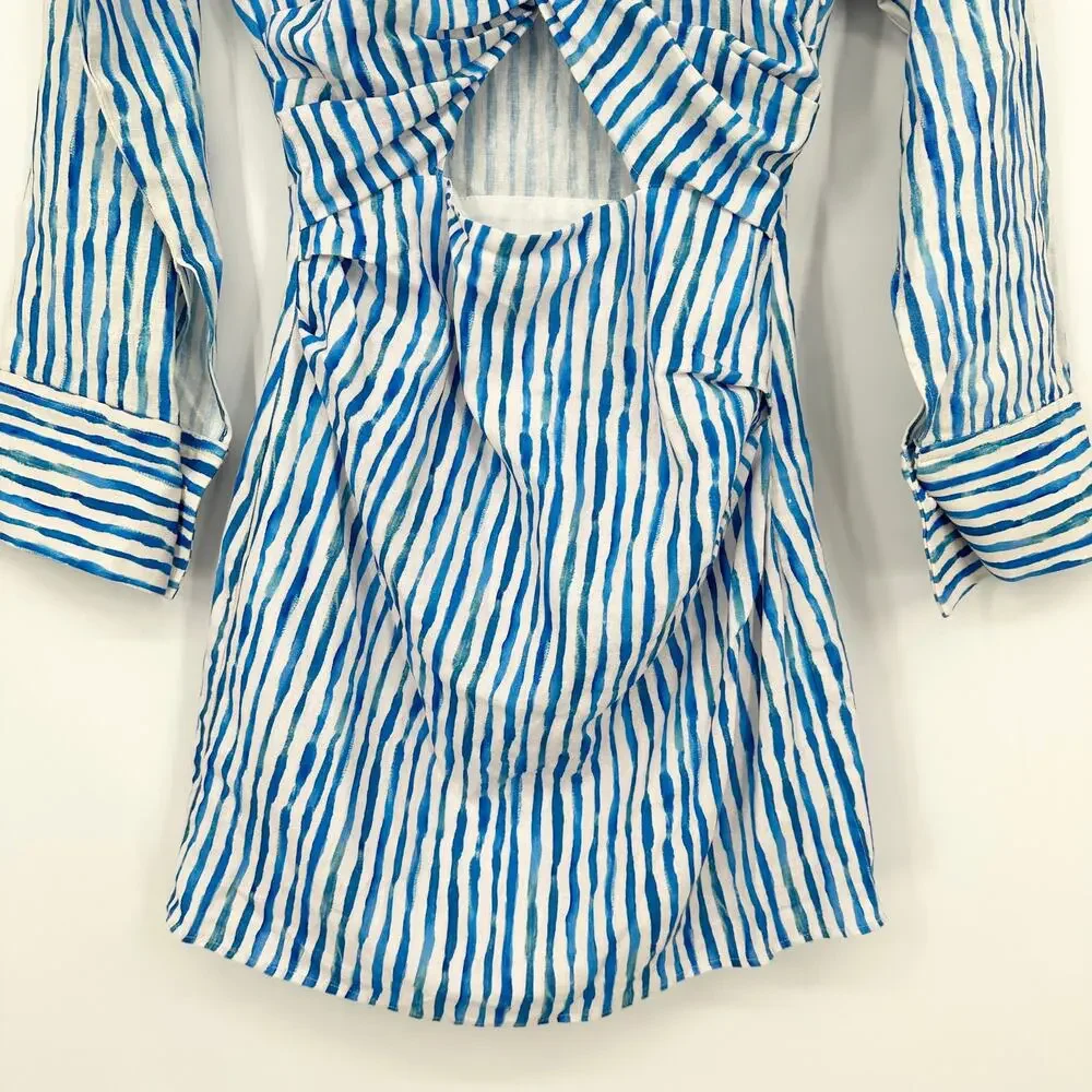 ZARA Striped Knot Cut Out Mini Dress Linen Blend Long Sleeve Blue/ White NWT - Picture 8 of 14